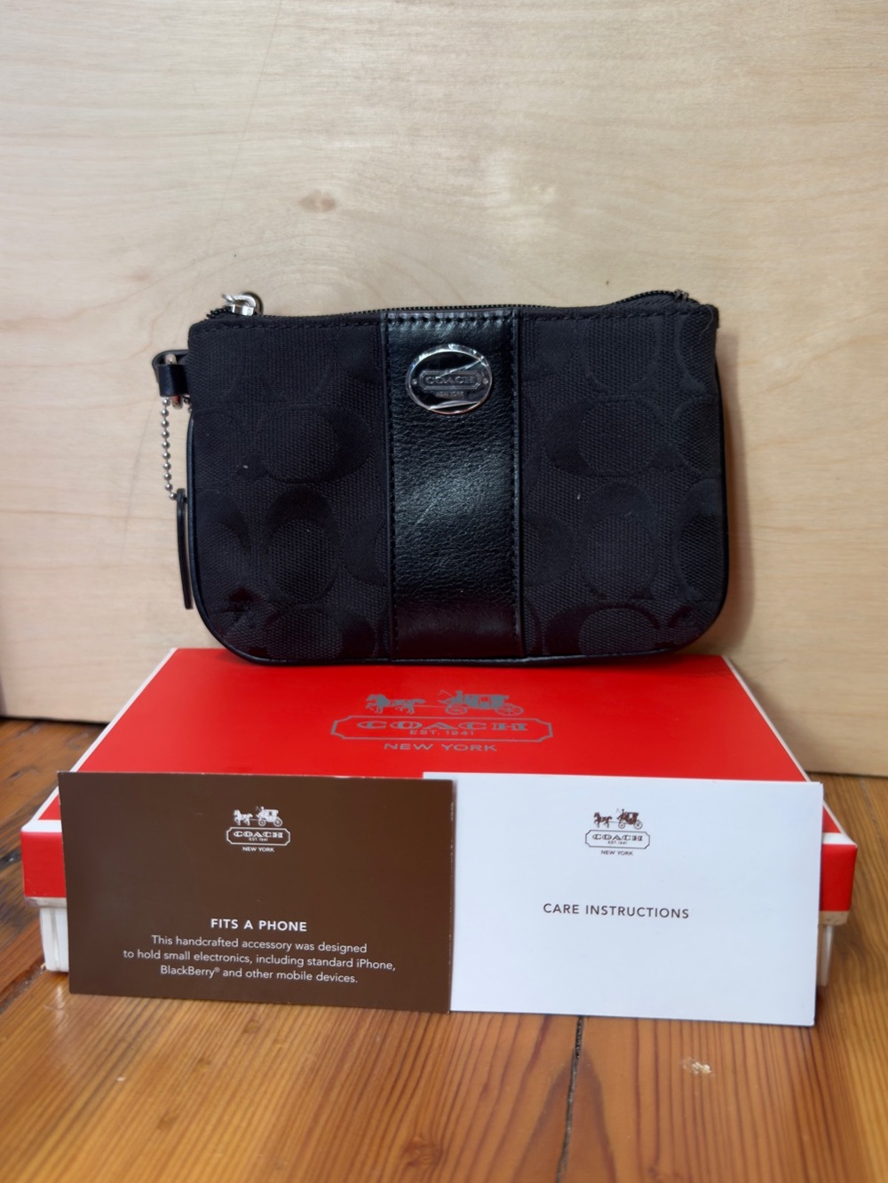 Coach Black Signature Canvas Wristlet with Leather Trim the original box coach